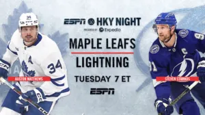 ESPN Hockey Night: Toronto Maple Leafs versus Tampa Bay Lightning Tuesday at 7 p.m. ET on ESPN Players shown: Toronto's Auston Matthews and Tampa Bay's Steven Stamkos
