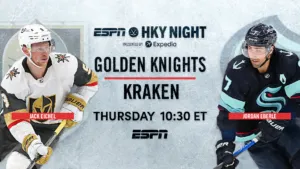 ESPN Hockey Night: Vegas Golden Knights versus Seattle Kraken Tuesday at 10:30 p.m. ET on ESPN Players shown: Vegas' Jack Eichel and Seattle's Jordan Eberle.