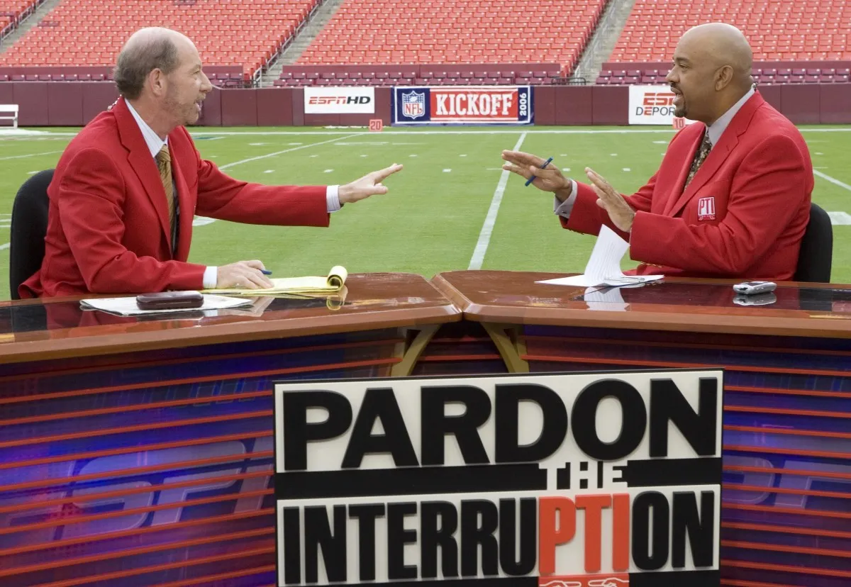 (L-R) Tony Kornheiser and Michael Wilbon on the PTI set prior to ESPN's first Monday Night Football game. (Rich Arden/ESPN Images)