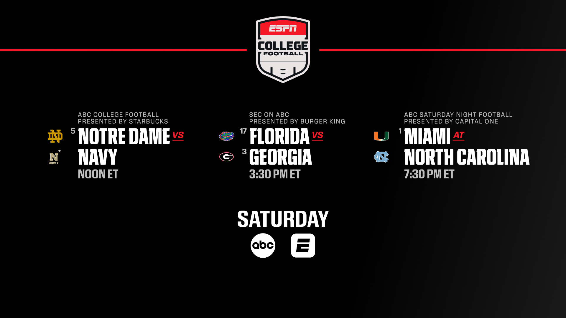 Twelve ranked teams in action on ESPN networks in Week 9, led by No. 17 ...